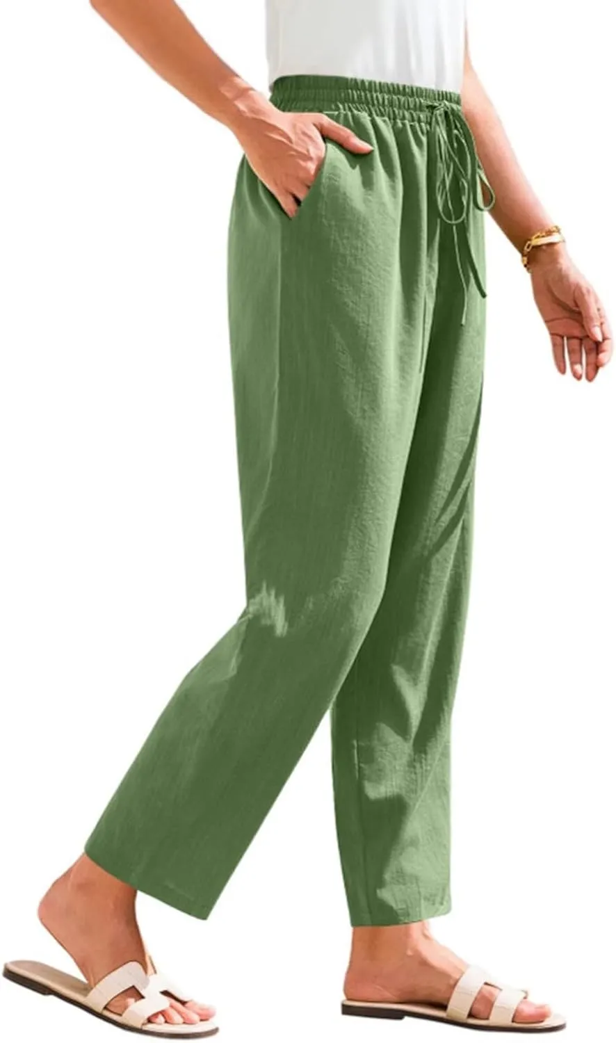 Women's Cotton Linen Straight Leg Pants Elastic Drawstring Casual Trousers with Pockets Summer Beach Lounge Pants