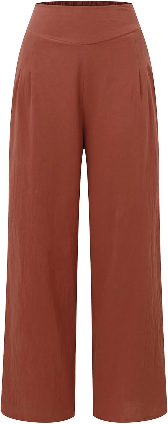 Womens Cotton Linen Summer Trendy Palazzo Pants High Waist Ankle Length Plus Size Palazzo Lounge Pants Vacation