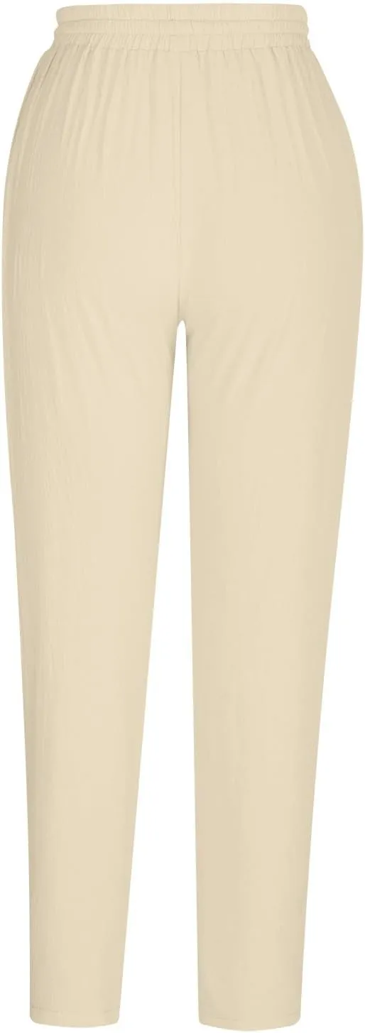 Women's Cotton Linen Tapered Pants Fashion Drawstring Elastic Waist Trousers Beach Casual Pant Vacation Travel Outfit