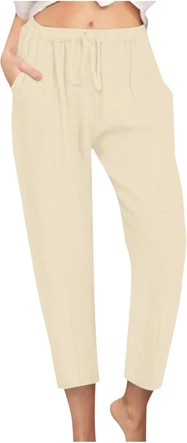 Women's Cotton Linen Tapered Pants Fashion Drawstring Elastic Waist Trousers Beach Casual Pant Vacation Travel Outfit