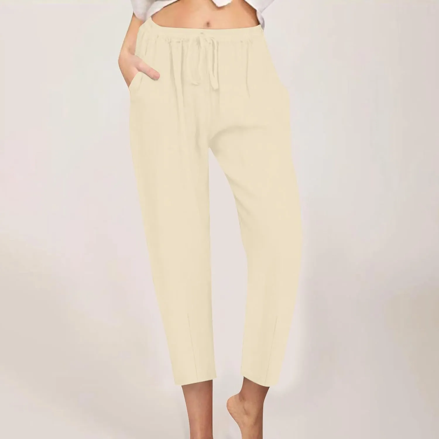 Women's Cotton Linen Tapered Pants Fashion Drawstring Elastic Waist Trousers Beach Casual Pant Vacation Travel Outfit