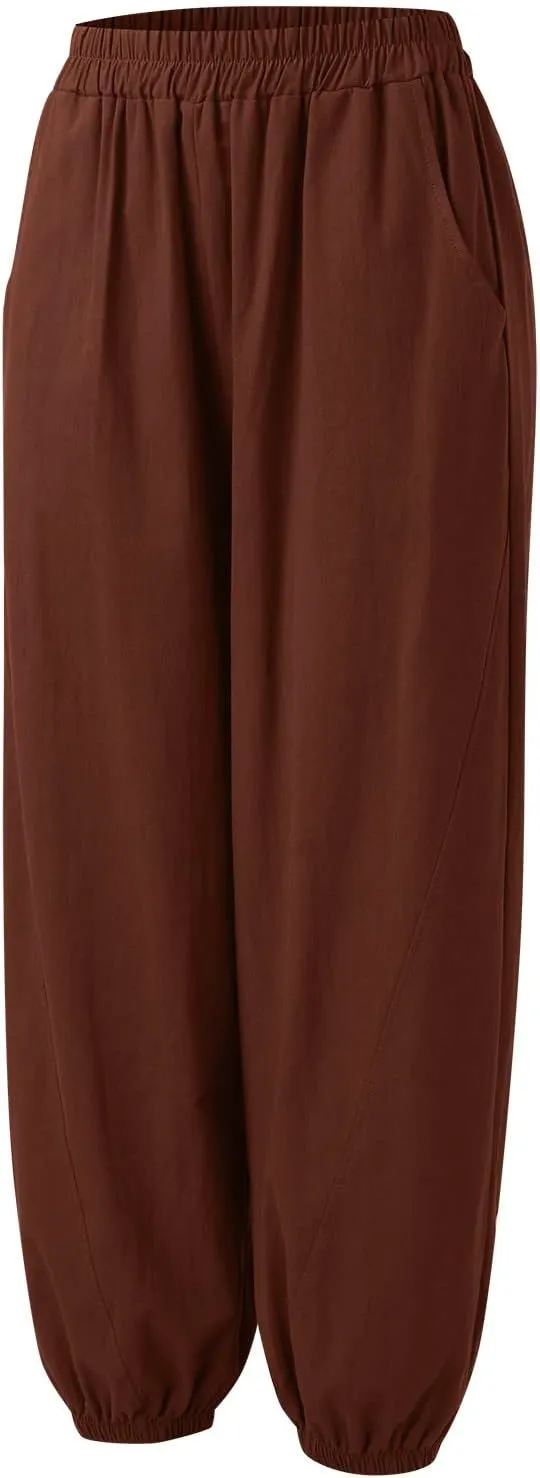 Womens Cotton Linen Trousers High Waist Elastic Waist Jogger Pants Solid Casual Wide Leg Pant Summer Vacation Clothes