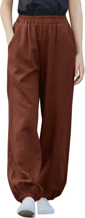 Womens Cotton Linen Trousers High Waist Elastic Waist Jogger Pants Solid Casual Wide Leg Pant Summer Vacation Clothes