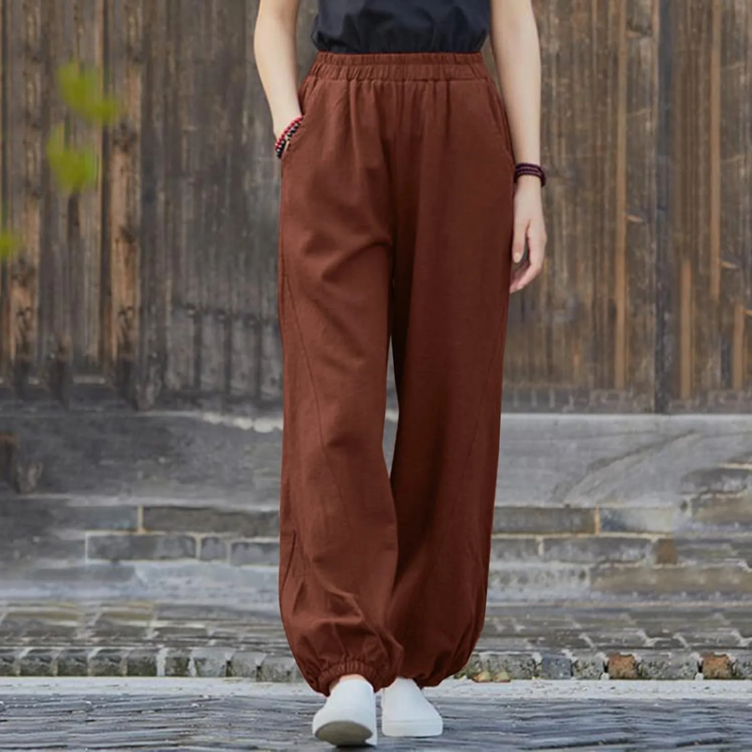 Womens Cotton Linen Trousers High Waist Elastic Waist Jogger Pants Solid Casual Wide Leg Pant Summer Vacation Clothes
