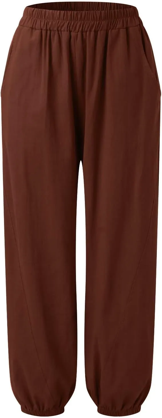 Womens Cotton Linen Trousers High Waist Elastic Waist Jogger Pants Solid Casual Wide Leg Pant Summer Vacation Clothes