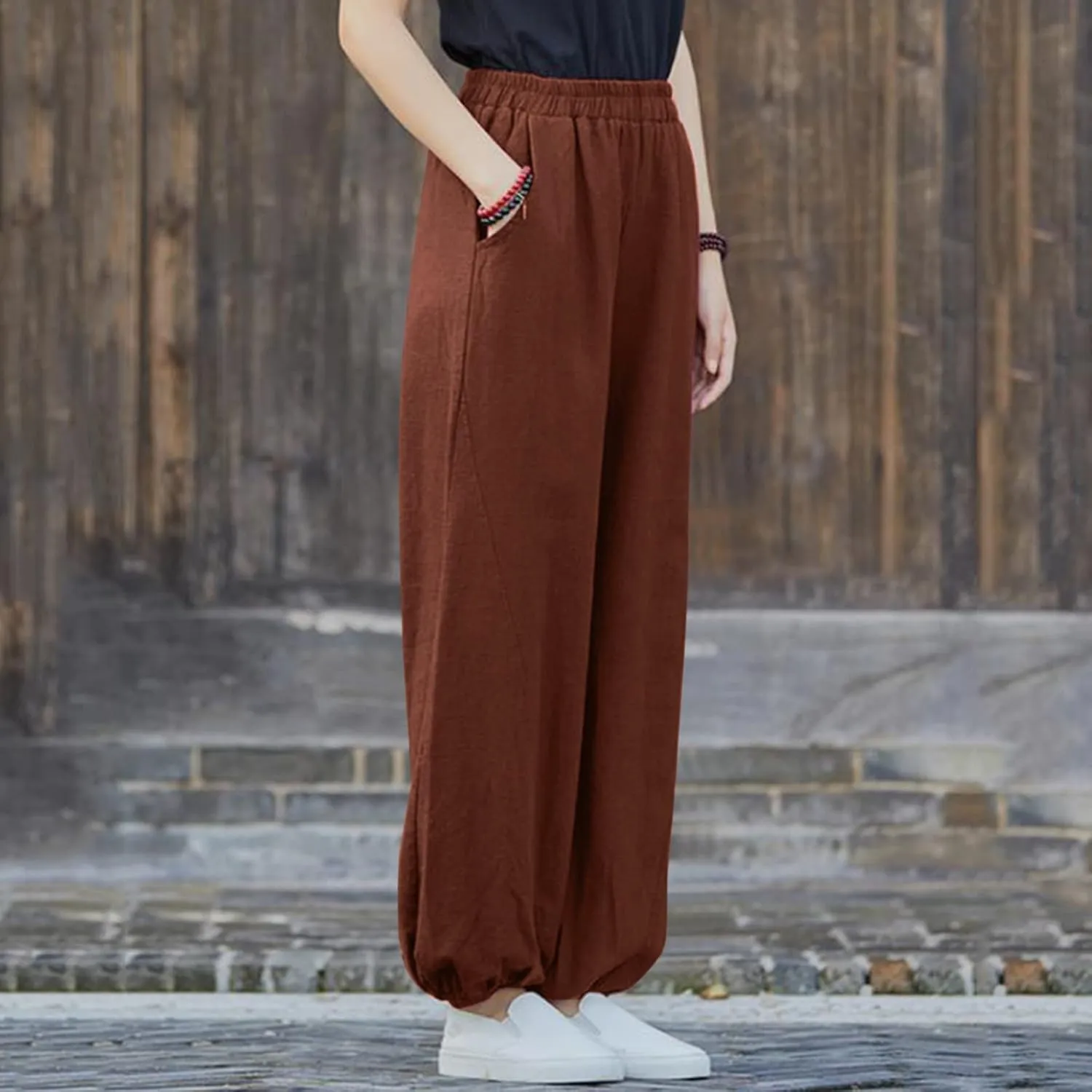 Womens Cotton Linen Trousers High Waist Elastic Waist Jogger Pants Solid Casual Wide Leg Pant Summer Vacation Clothes