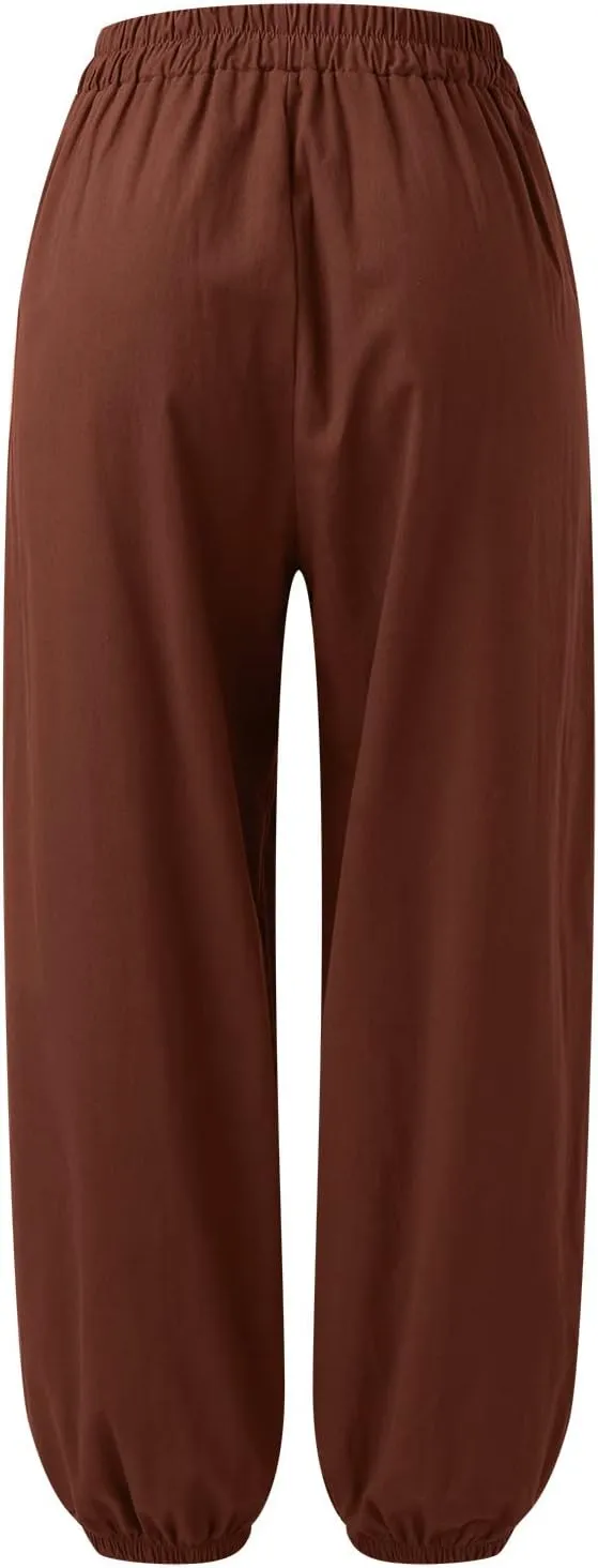 Womens Cotton Linen Trousers High Waist Elastic Waist Jogger Pants Solid Casual Wide Leg Pant Summer Vacation Clothes
