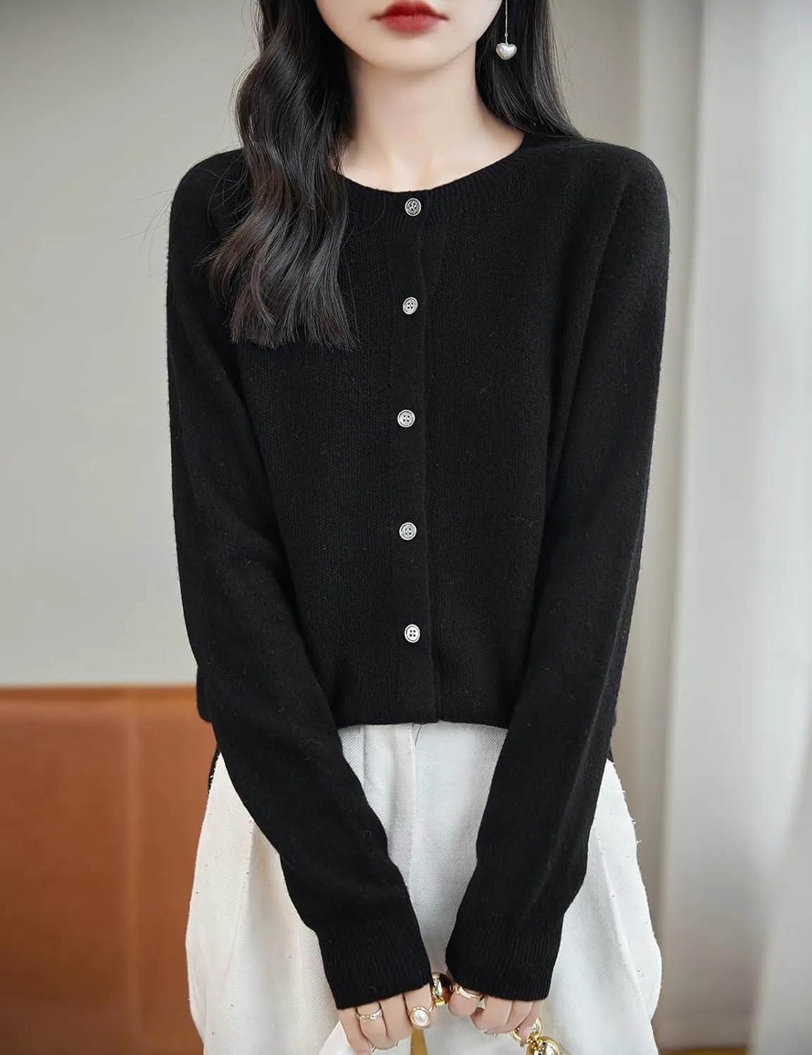 Women's Crewneck 100% Merino Wool Sweater 2025 Spring Fall Solid Long Sleeve Seamless Knitted Cardigan Sweater