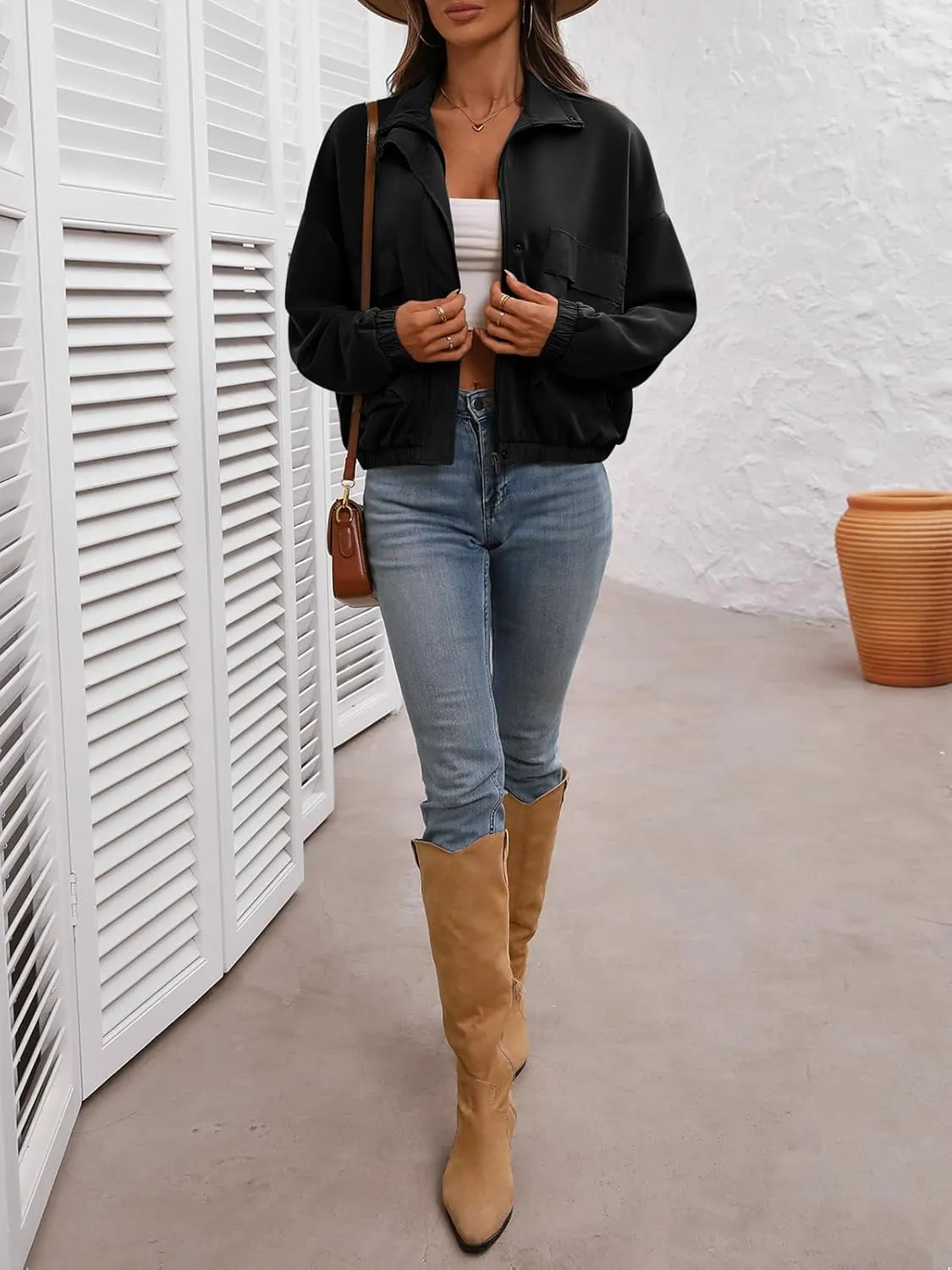 Women's Cropped Oversized Safari Jackets Zip Up Stand Collar Neck Long Sleeve Utility Anorak jacket with Pocket