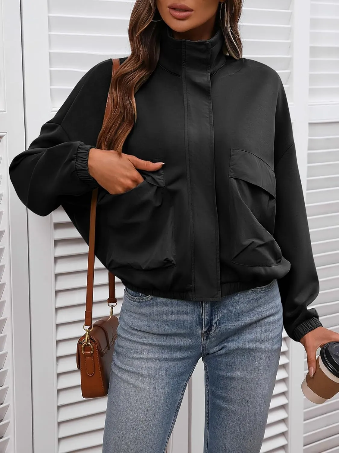 Women's Cropped Oversized Safari Jackets Zip Up Stand Collar Neck Long Sleeve Utility Anorak jacket with Pocket