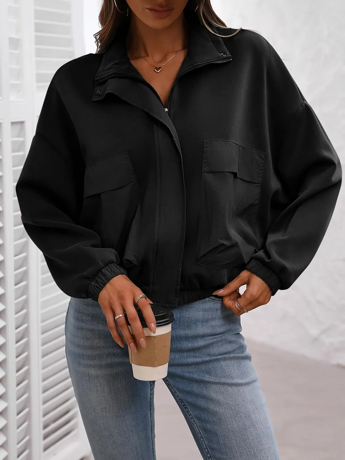 Women's Cropped Oversized Safari Jackets Zip Up Stand Collar Neck Long Sleeve Utility Anorak jacket with Pocket