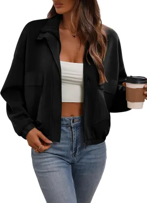 Women's Cropped Oversized Safari Jackets Zip Up Stand Collar Neck Long Sleeve Utility Anorak jacket with Pocket