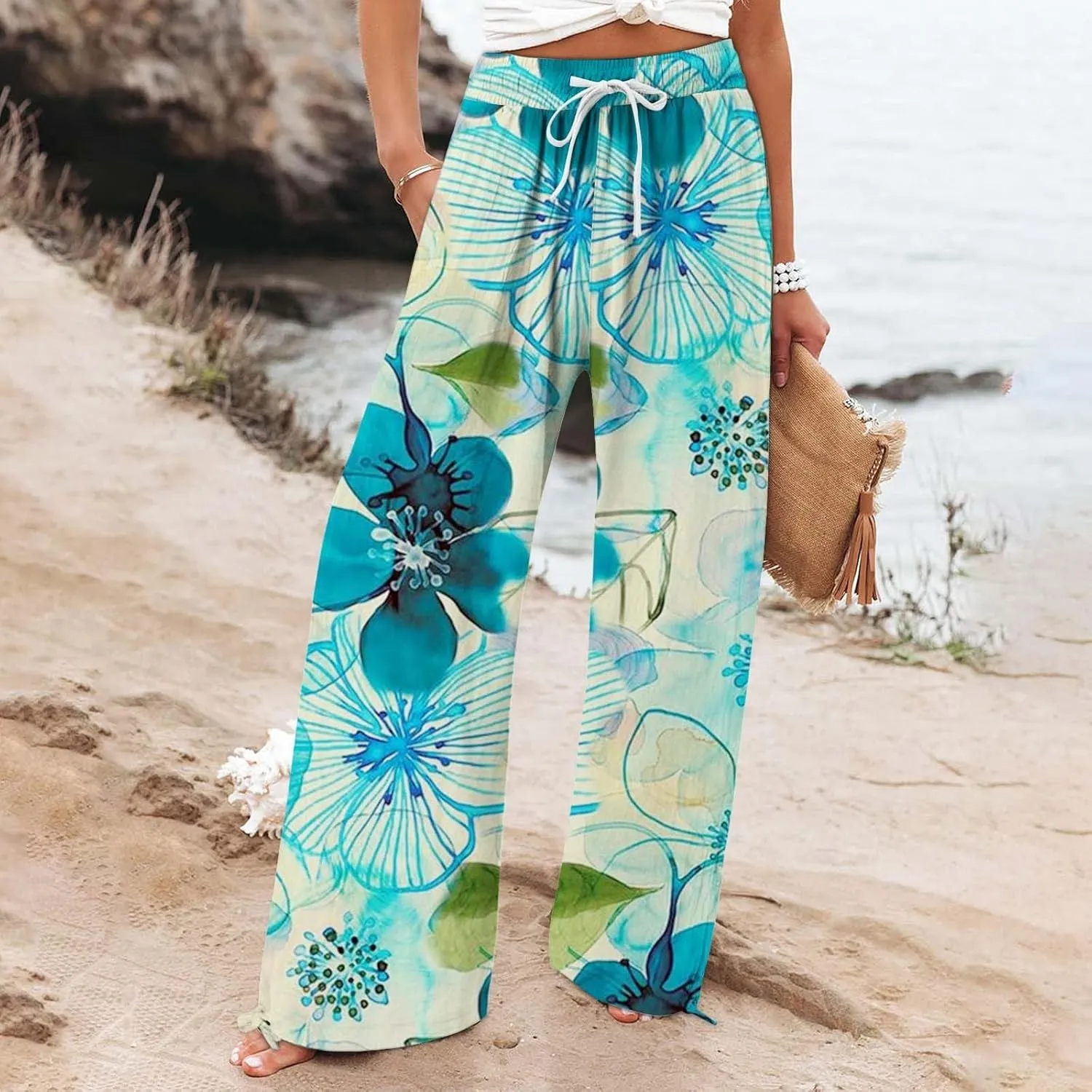 Womens Cropped Pants Boho Wide Leg High Waisted Palazzo Pockets Pants Summer Retro Flowy Beach Lounge Casual Trousers