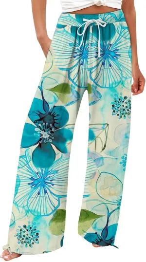 Womens Cropped Pants Boho Wide Leg High Waisted Palazzo Pockets Pants Summer Retro Flowy Beach Lounge Casual Trousers