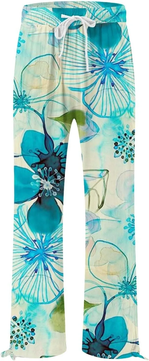 Womens Cropped Pants Boho Wide Leg High Waisted Palazzo Pockets Pants Summer Retro Flowy Beach Lounge Casual Trousers