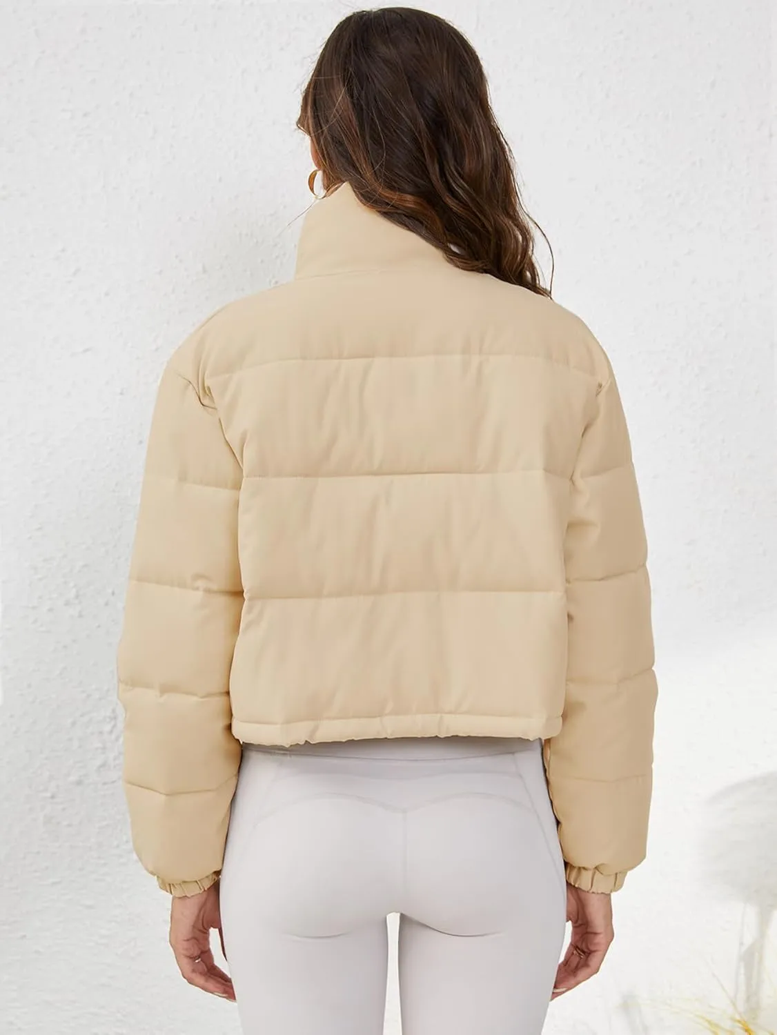 Women's Cropped Puffer Jacket Long Sleeve Puffy Coat Stand Collar Zip UP Quilted Padded Drawstring Outwear with Pockets