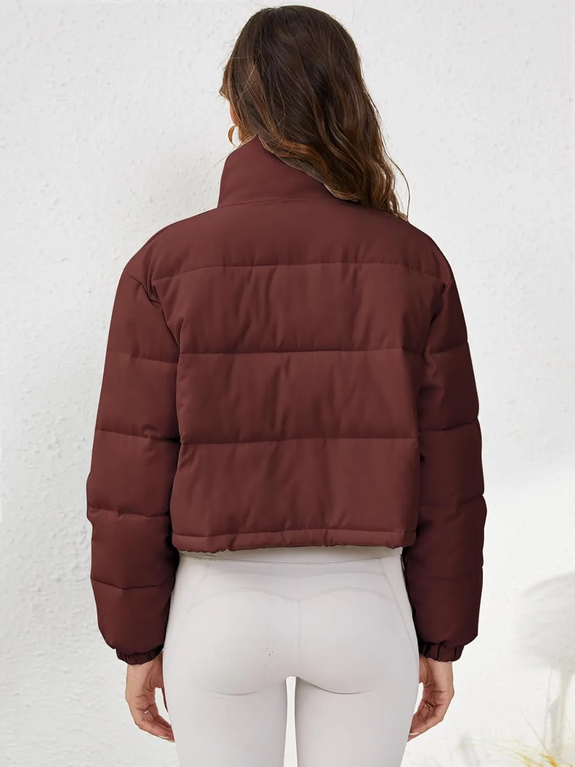 Women's Cropped Puffer Jacket Long Sleeve Puffy Coat Stand Collar Zip UP Quilted Padded Drawstring Outwear with Pockets