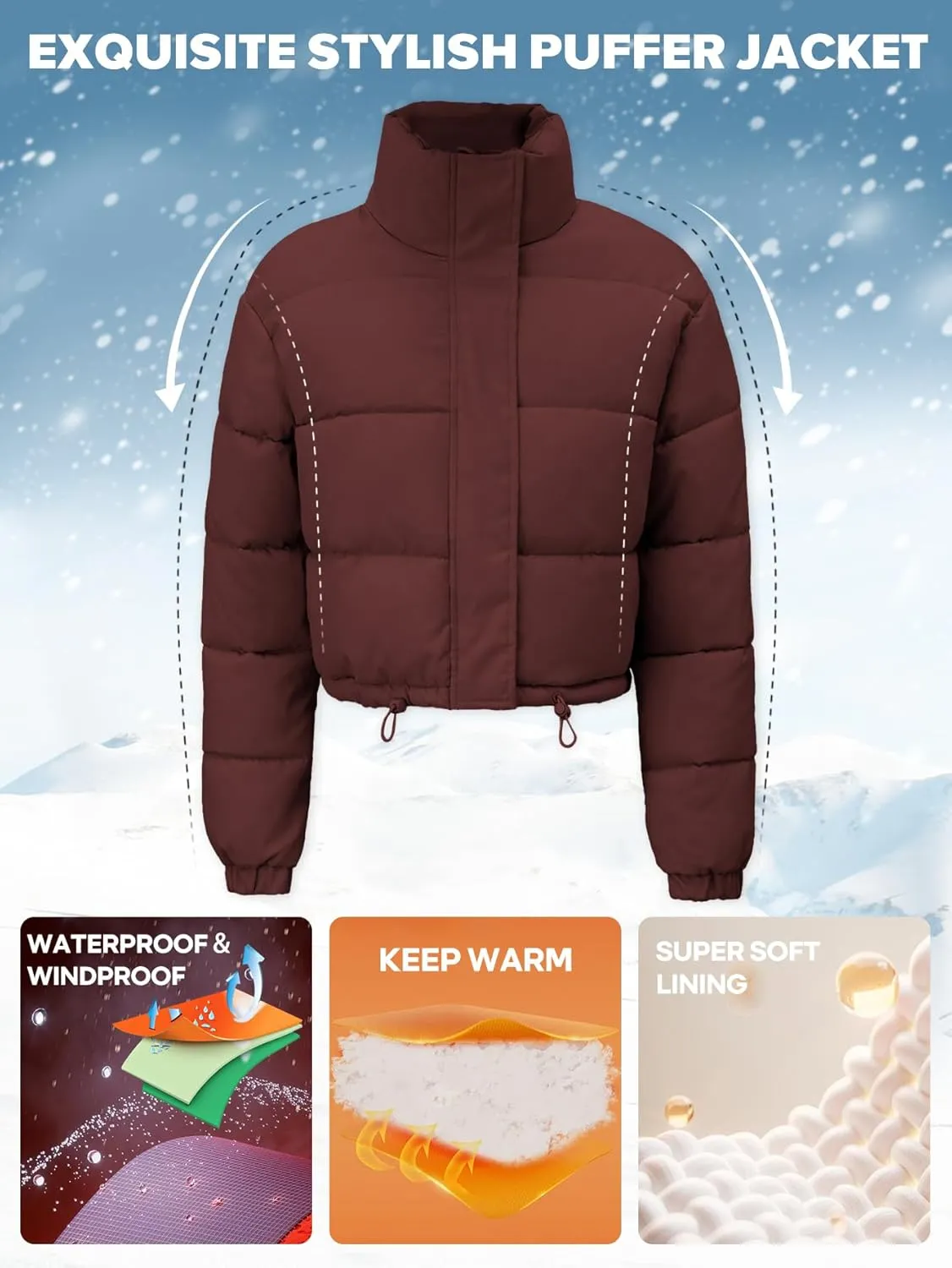 Women's Cropped Puffer Jacket Long Sleeve Puffy Coat Stand Collar Zip UP Quilted Padded Drawstring Outwear with Pockets