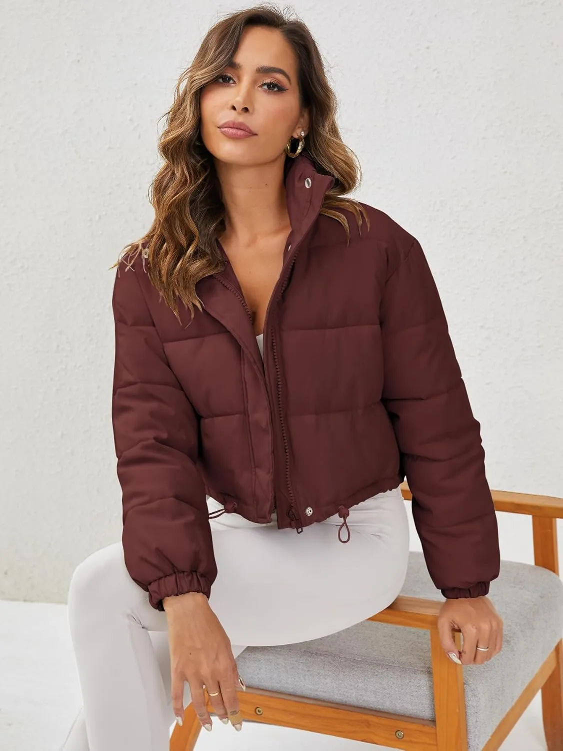Women's Cropped Puffer Jacket Long Sleeve Puffy Coat Stand Collar Zip UP Quilted Padded Drawstring Outwear with Pockets