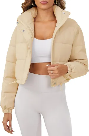 Women's Cropped Puffer Jacket Long Sleeve Puffy Coat Stand Collar Zip UP Quilted Padded Drawstring Outwear with Pockets