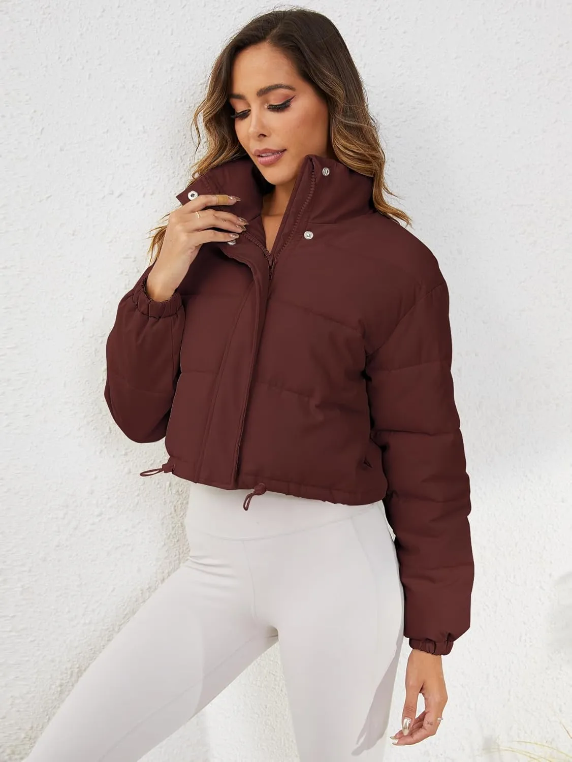 Women's Cropped Puffer Jacket Long Sleeve Puffy Coat Stand Collar Zip UP Quilted Padded Drawstring Outwear with Pockets