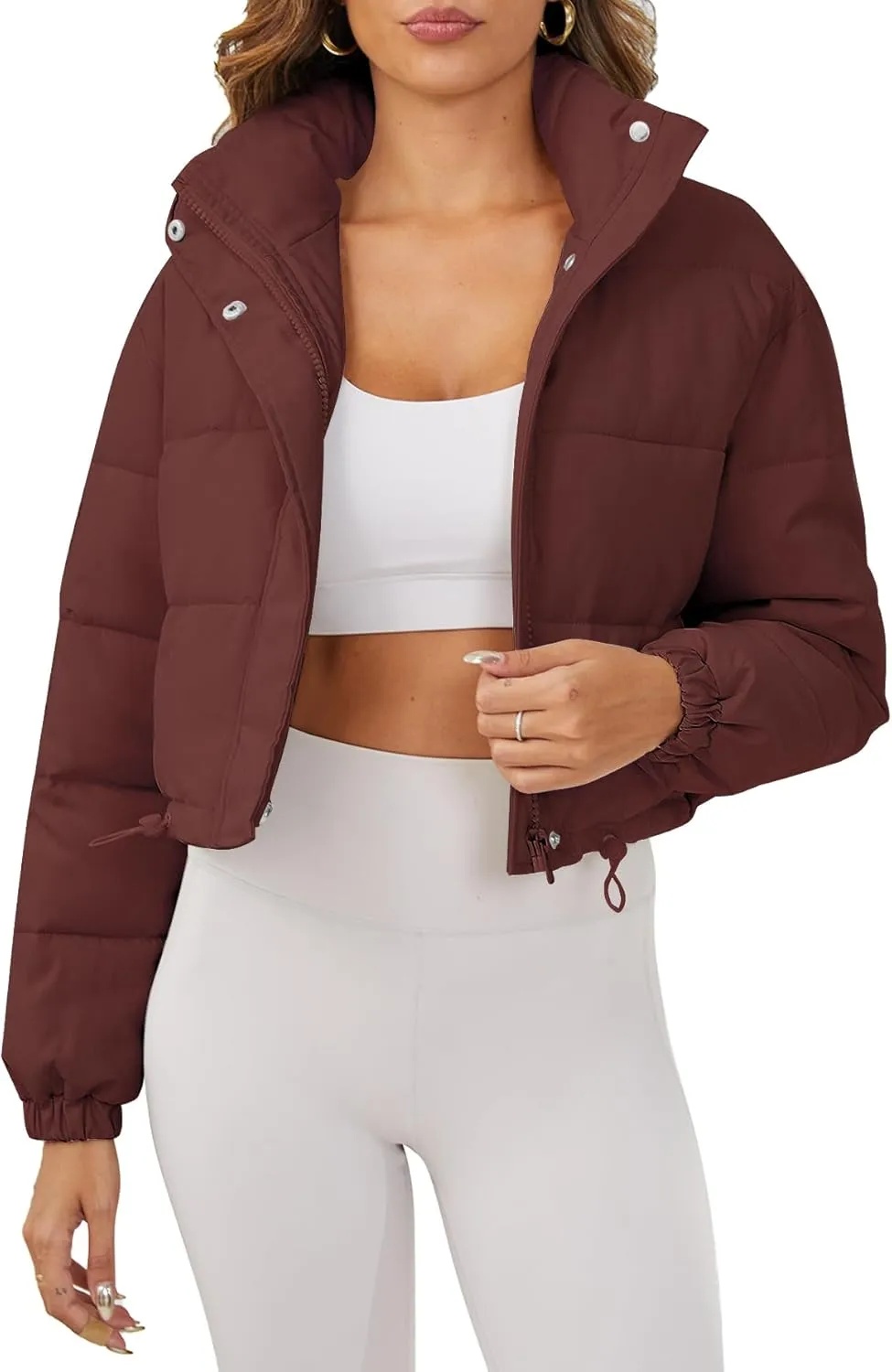 Women's Cropped Puffer Jacket Long Sleeve Puffy Coat Stand Collar Zip UP Quilted Padded Drawstring Outwear with Pockets