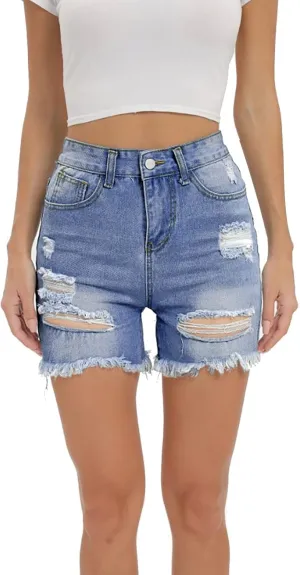 Womens Denim Bermuda Shorts High Waist Ripped Hole Distressed Short Jeans Junior Frayed Hem
