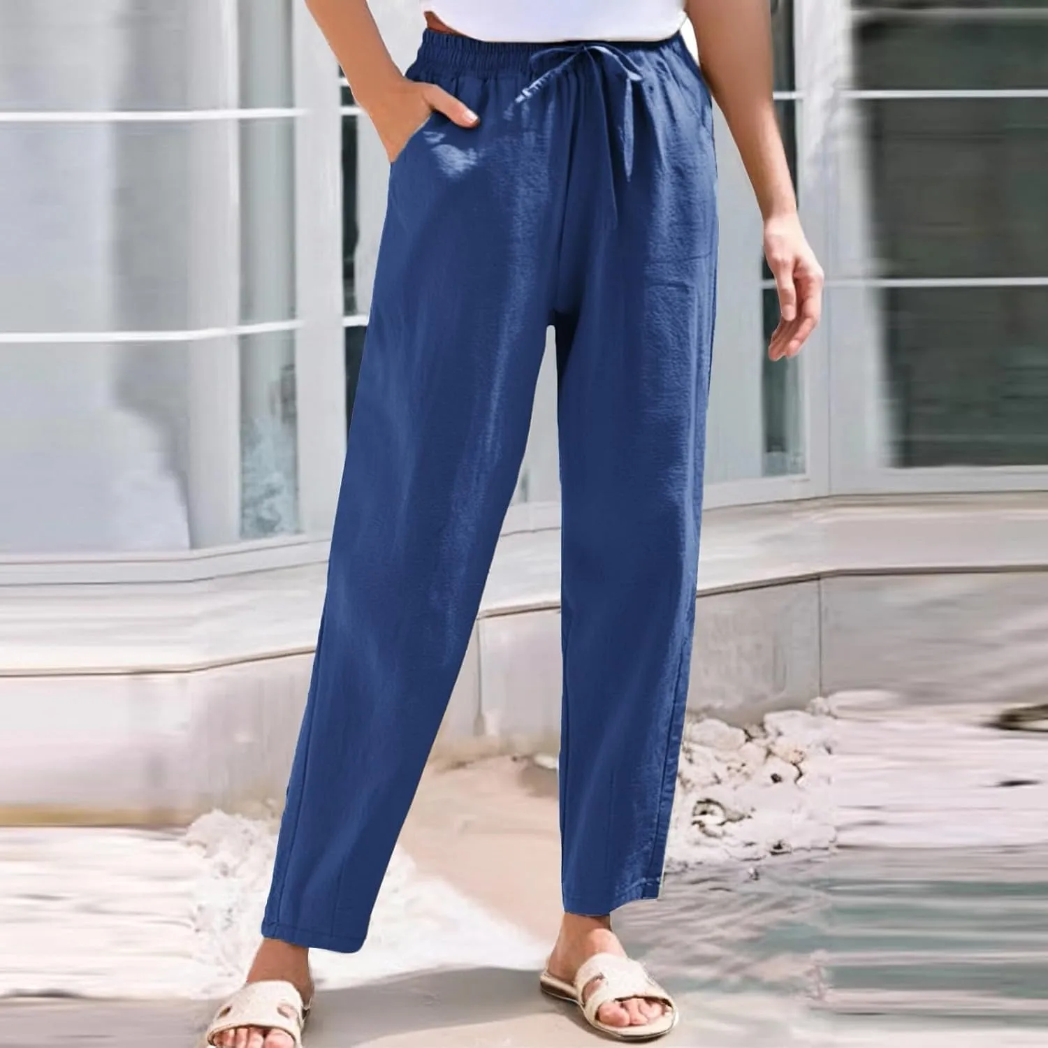 Womens Dress Pants Wide Leg High Waisted Cotton Linen Petite,Linen Sweatpants, Cargo Trousers with Pockets