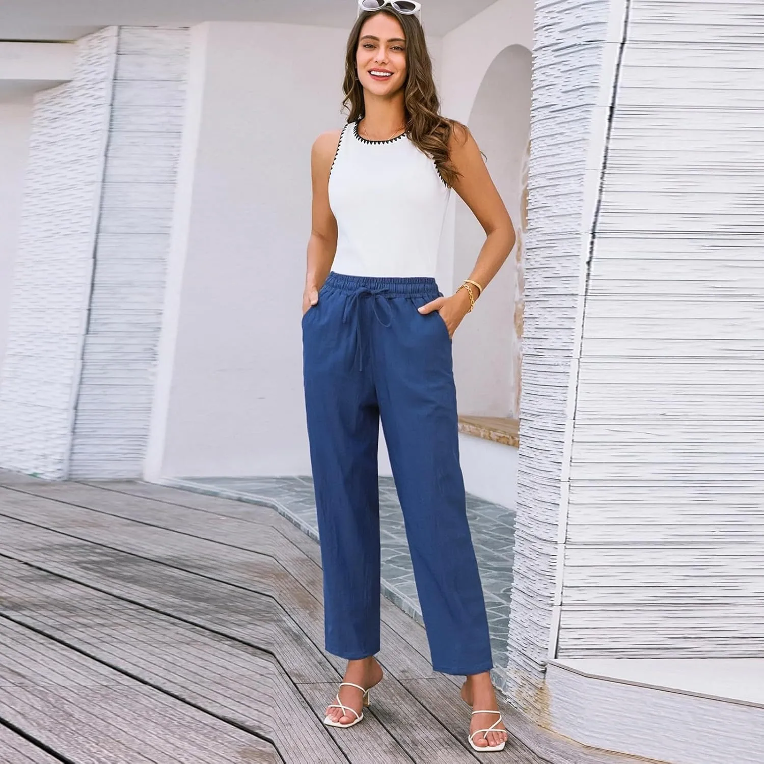 Womens Dress Pants Wide Leg High Waisted Cotton Linen Petite,Linen Sweatpants, Cargo Trousers with Pockets
