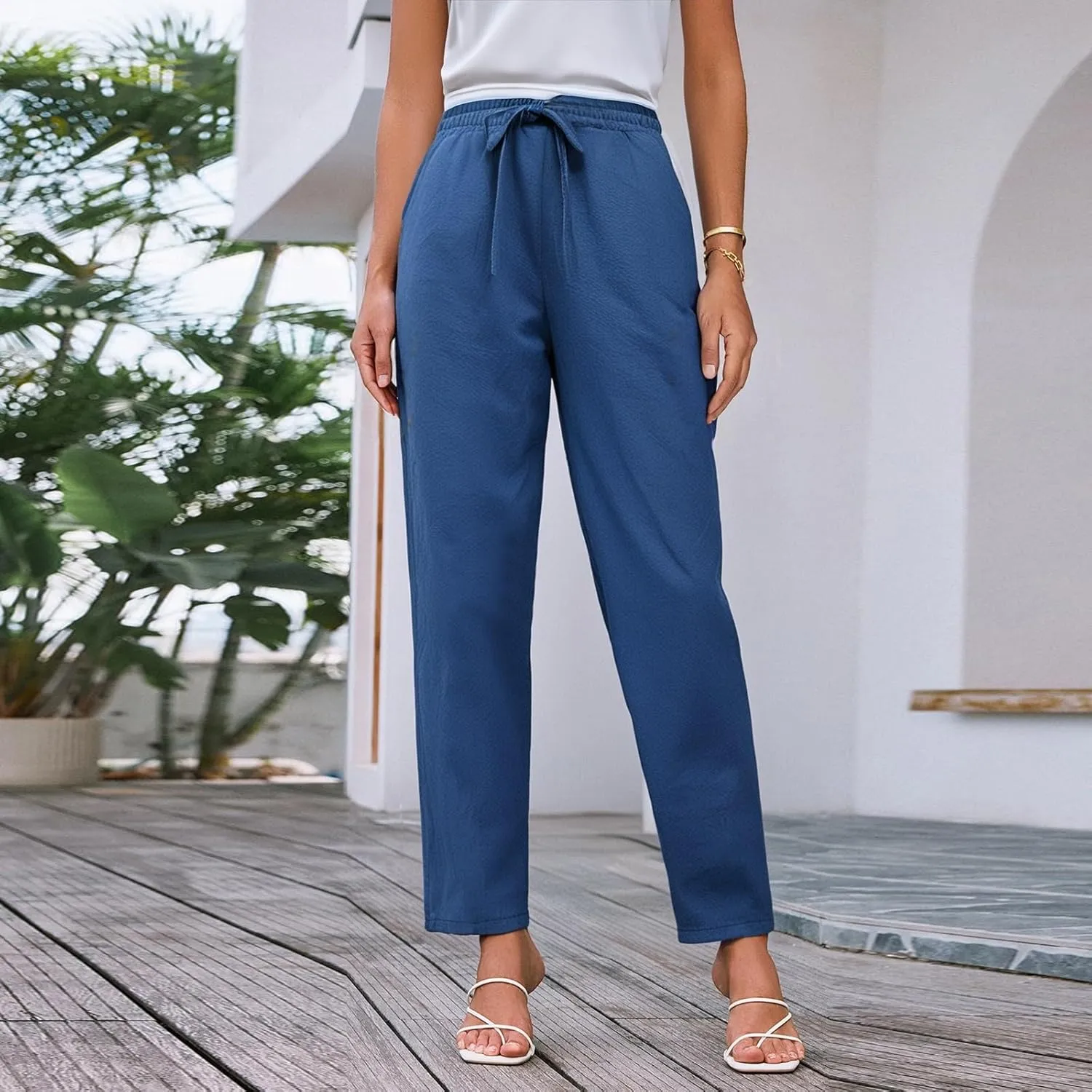 Womens Dress Pants Wide Leg High Waisted Cotton Linen Petite,Linen Sweatpants, Cargo Trousers with Pockets
