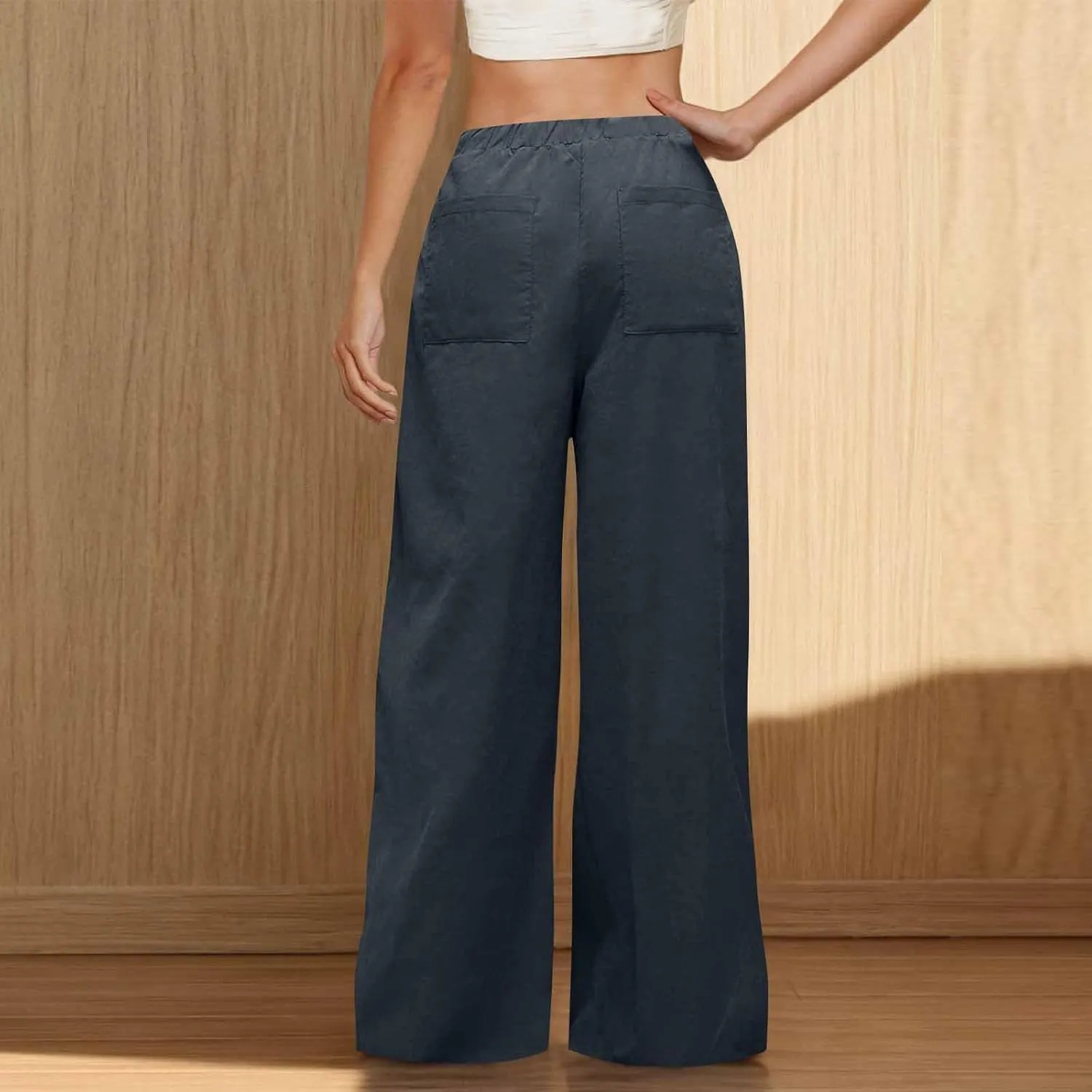 Womens Fashion Linen Pants 2025 Casual Lounge Pant Straight Leg Drawstring Loose Lightweight Trousers with Pockets