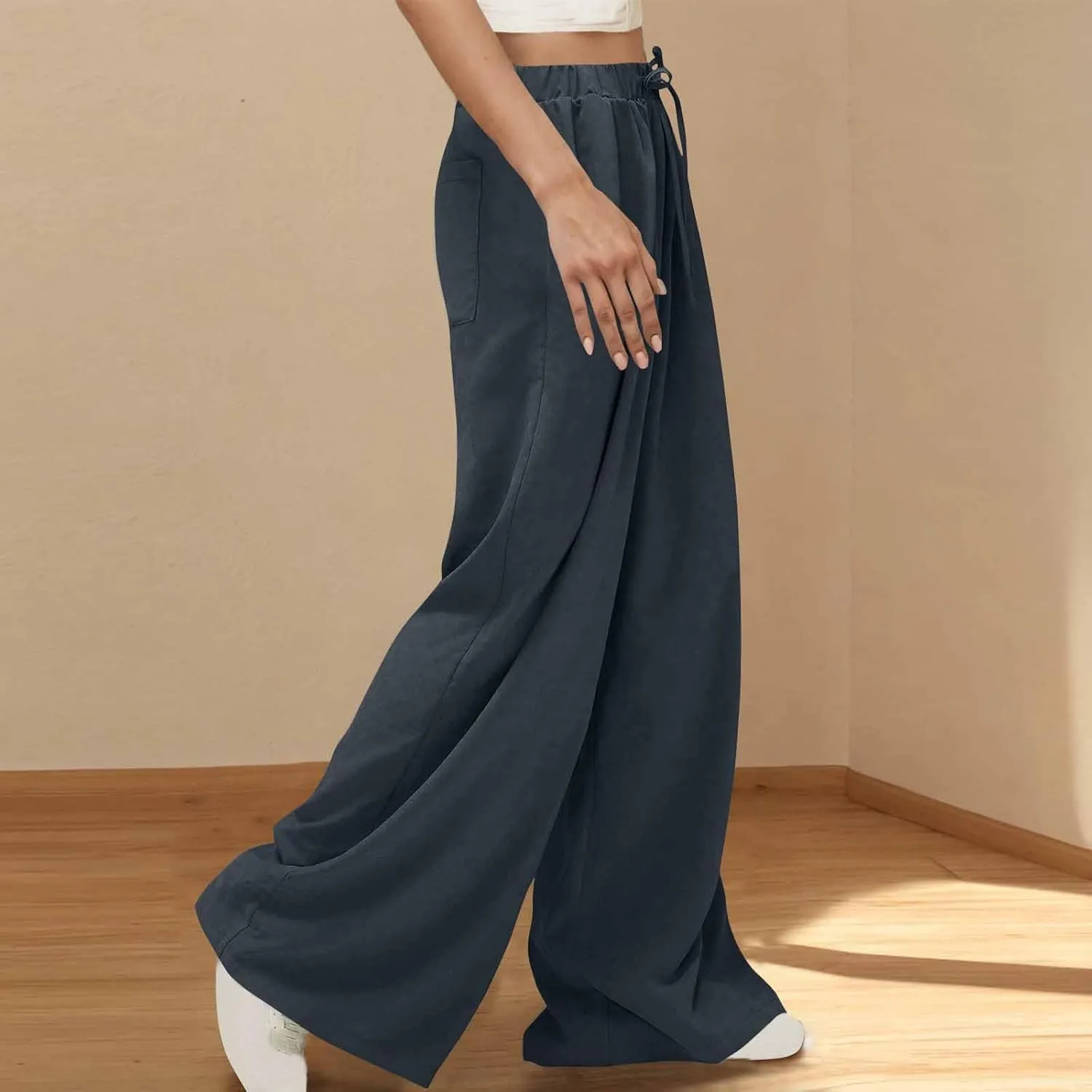 Womens Fashion Linen Pants 2025 Casual Lounge Pant Straight Leg Drawstring Loose Lightweight Trousers with Pockets