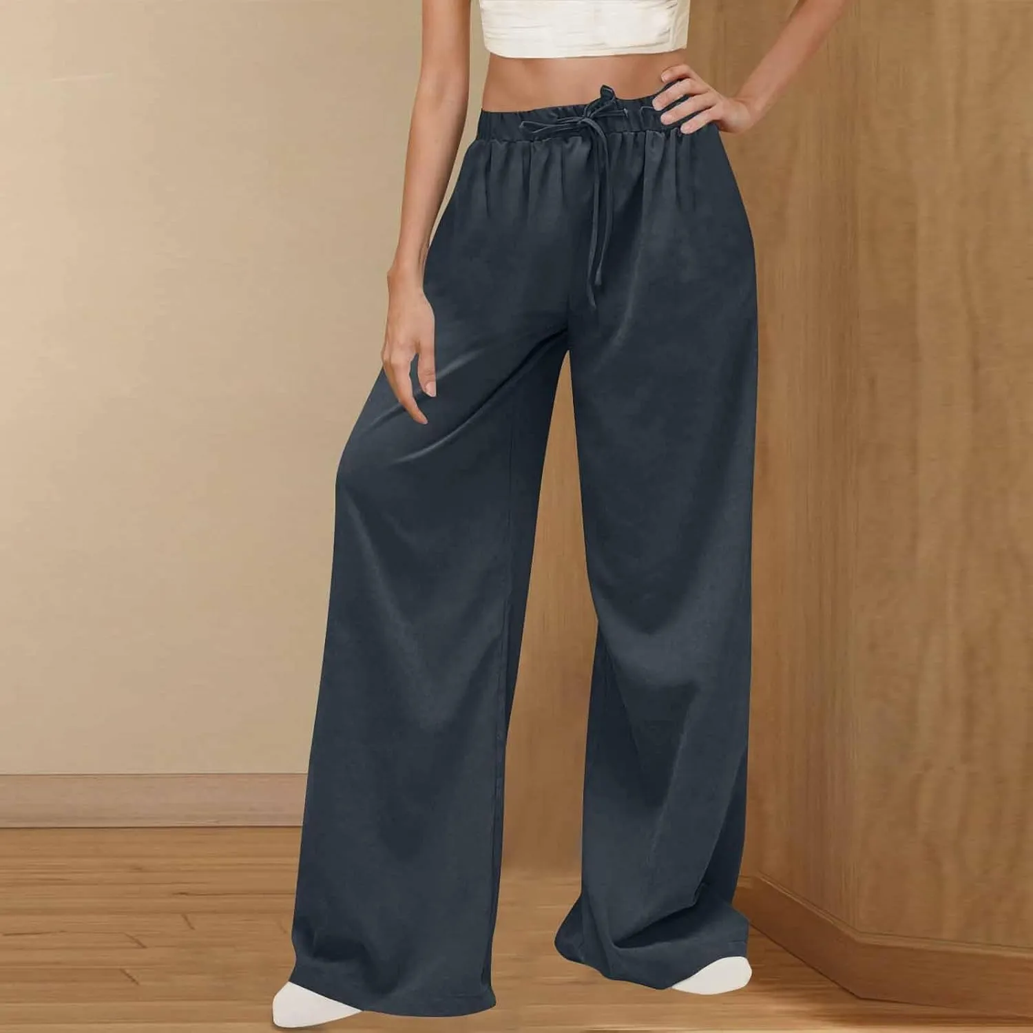 Womens Fashion Linen Pants 2025 Casual Lounge Pant Straight Leg Drawstring Loose Lightweight Trousers with Pockets