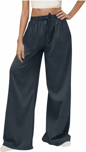 Womens Fashion Linen Pants 2025 Casual Lounge Pant Straight Leg Drawstring Loose Lightweight Trousers with Pockets