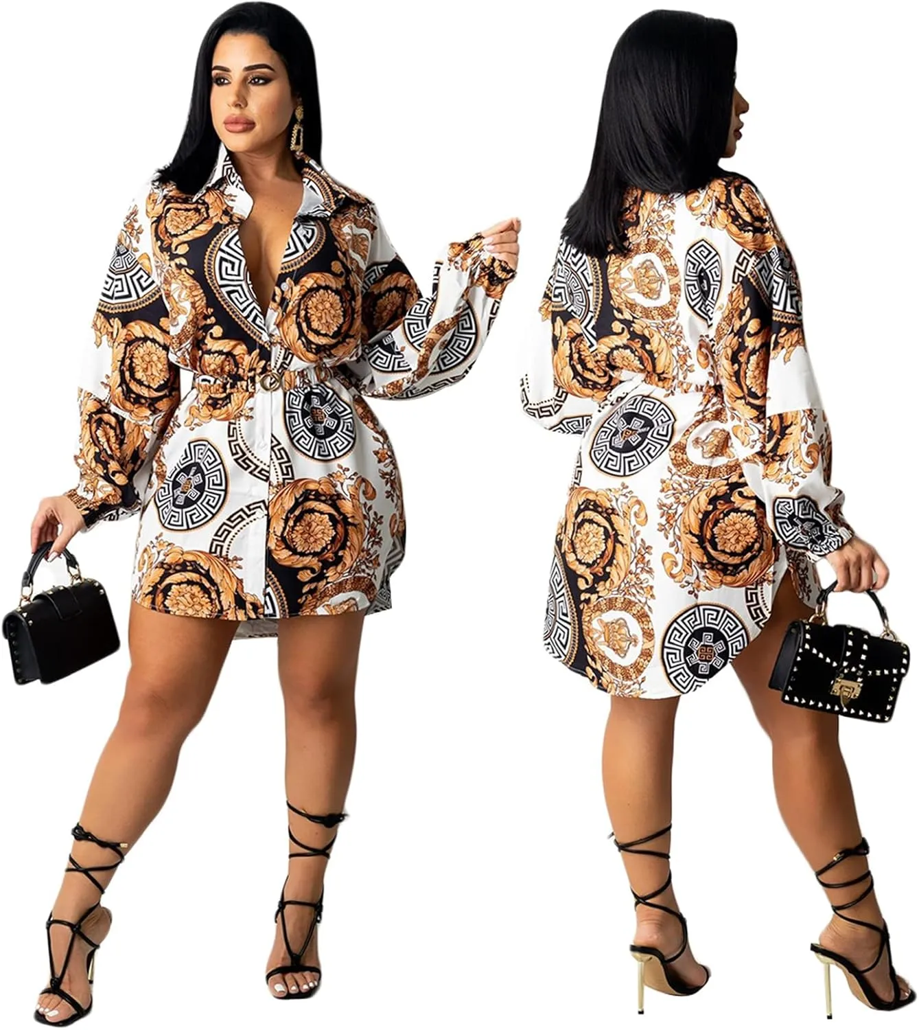 Women's Floral Button Down Shirt Dresses Casual Oversized Long Sleeve Button up Blouses Tops Mini Dress