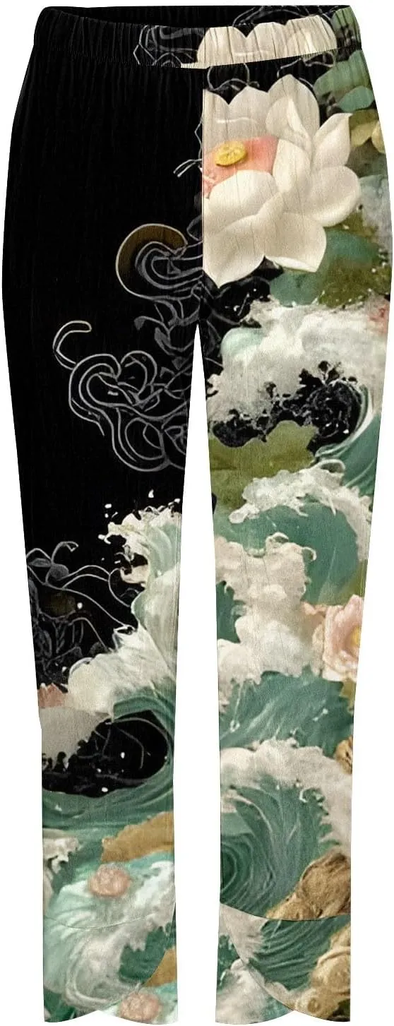 Women's Floral Print Wide Leg Linen Pants with Pockets Elastic Waist Loose Casual Trousers Business Work Casual Pants