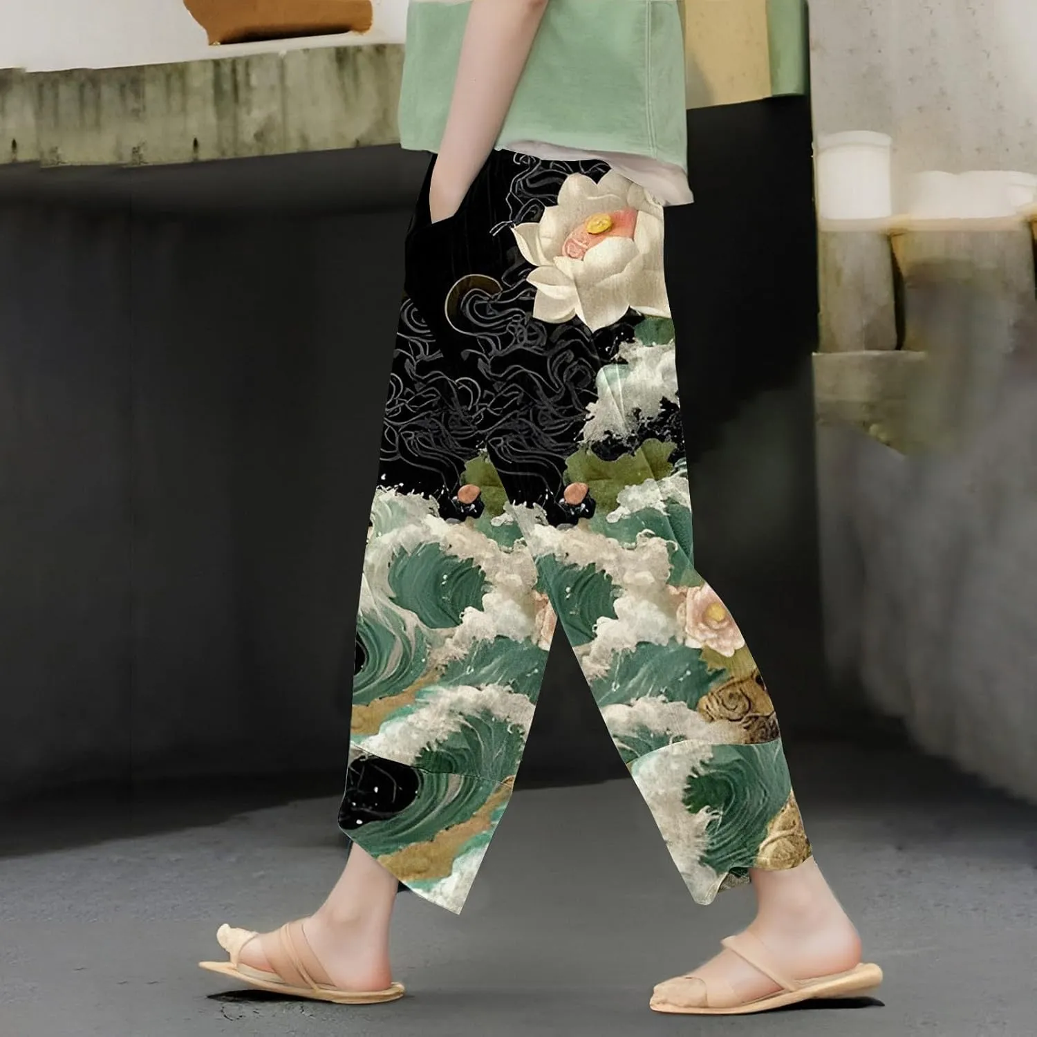 Women's Floral Print Wide Leg Linen Pants with Pockets Elastic Waist Loose Casual Trousers Business Work Casual Pants