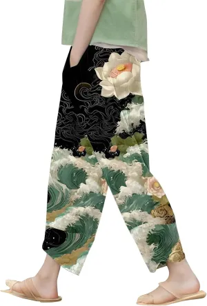 Women's Floral Print Wide Leg Linen Pants with Pockets Elastic Waist Loose Casual Trousers Business Work Casual Pants