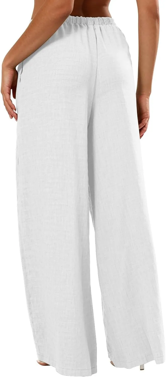 Women's Flowy Wide Leg Linen Pants Casual Beach Pants Elastic Waisted Drawstring Palazzo Trousers with Pockets