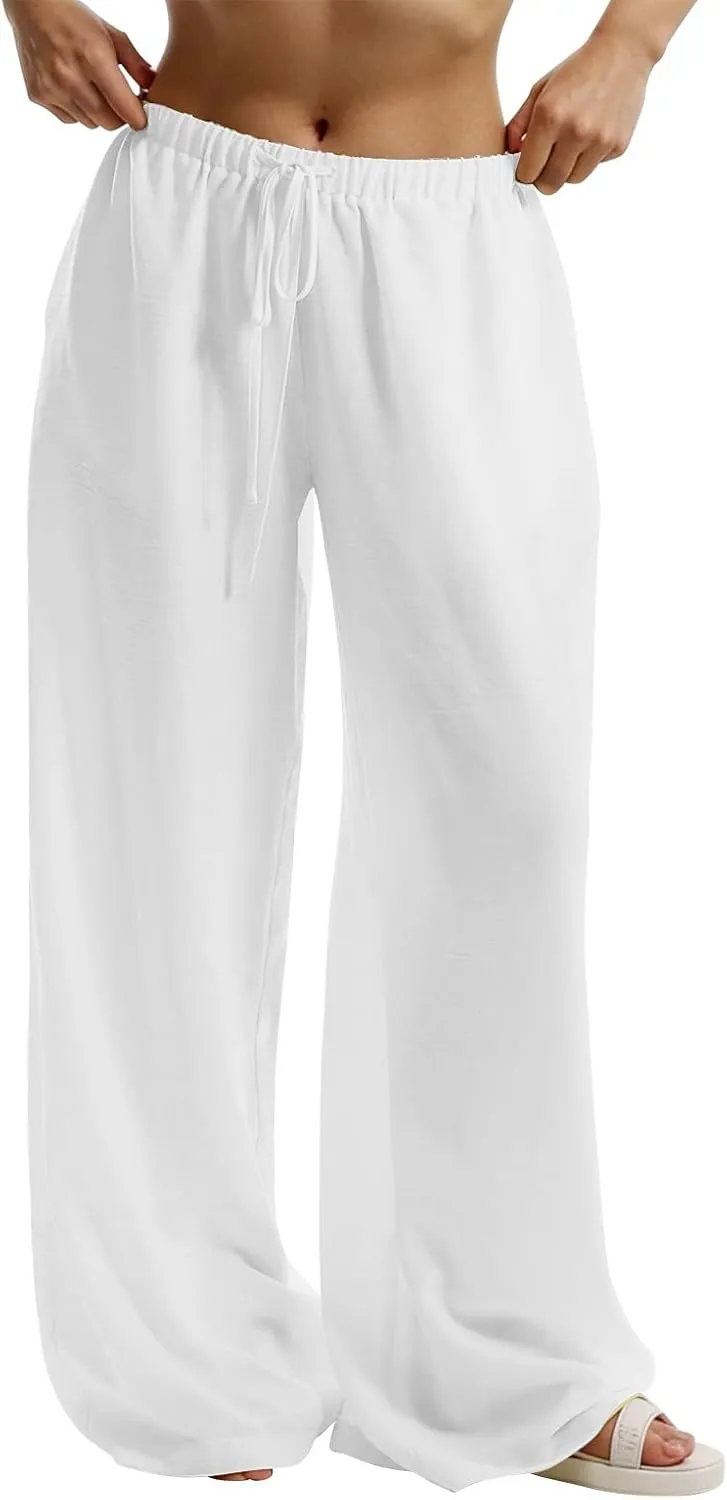 Women's Flowy Wide Leg Linen Pants Casual Beach Pants Elastic Waisted Drawstring Palazzo Trousers with Pockets