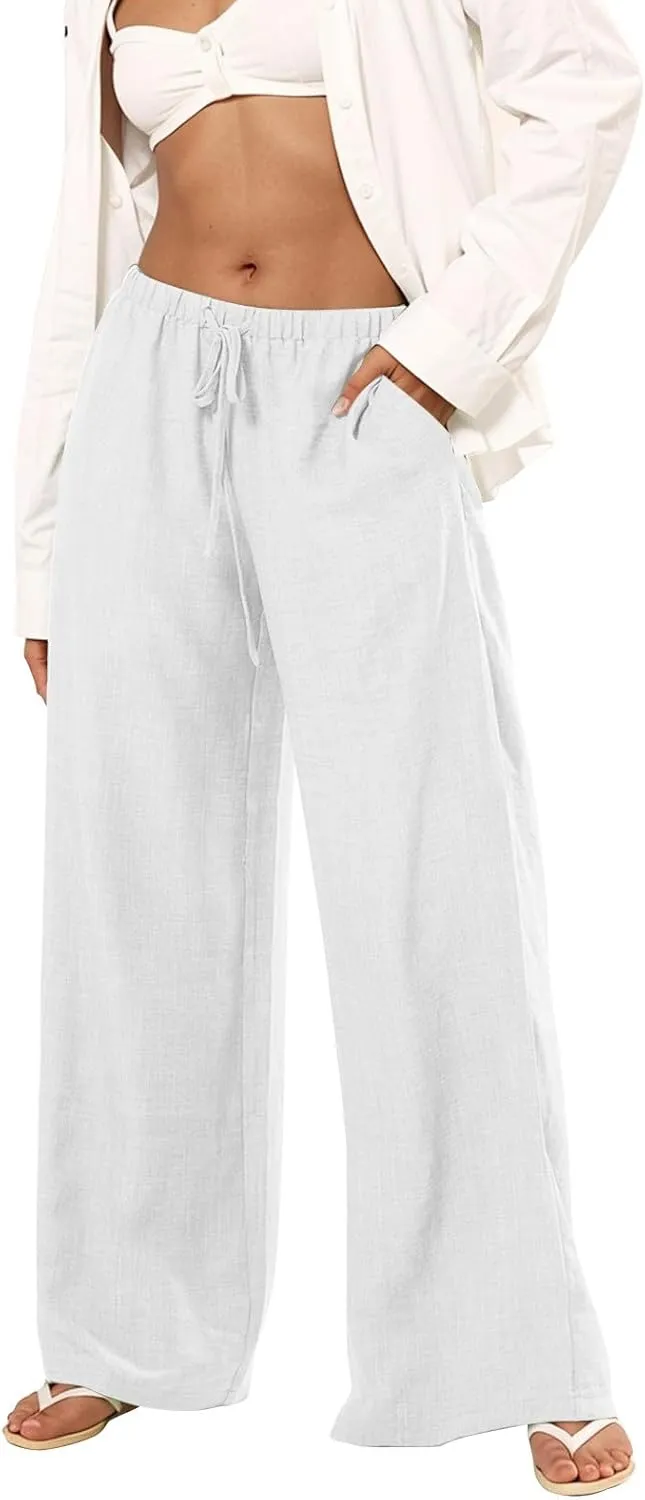 Women's Flowy Wide Leg Linen Pants Casual Beach Pants Elastic Waisted Drawstring Palazzo Trousers with Pockets