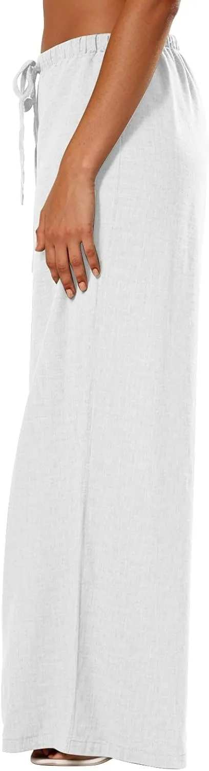 Women's Flowy Wide Leg Linen Pants Casual Beach Pants Elastic Waisted Drawstring Palazzo Trousers with Pockets