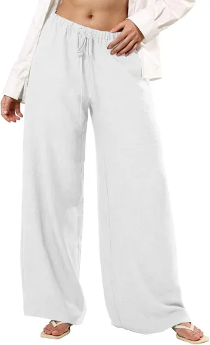 Women's Flowy Wide Leg Linen Pants Casual Beach Pants Elastic Waisted Drawstring Palazzo Trousers with Pockets