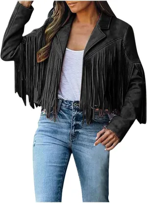 Womens Fringe Jackets Plus Size Faux Suede Coat Fashion Long Sleeve Cardigan Vintage Western Hippie Clothes
