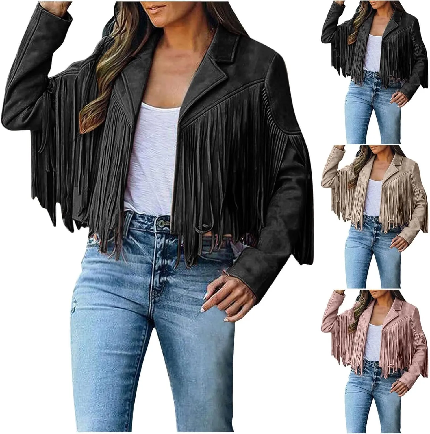 Womens Fringe Jackets Plus Size Faux Suede Coat Fashion Long Sleeve Cardigan Vintage Western Hippie Clothes