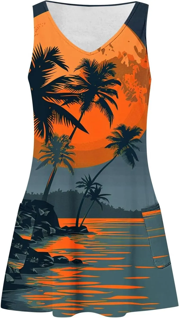 Women's Hawaiian Print Tank Dresses Summer Sleeveless Boho Beach Dress Casual V Neck Loose Fit Mini Sundress