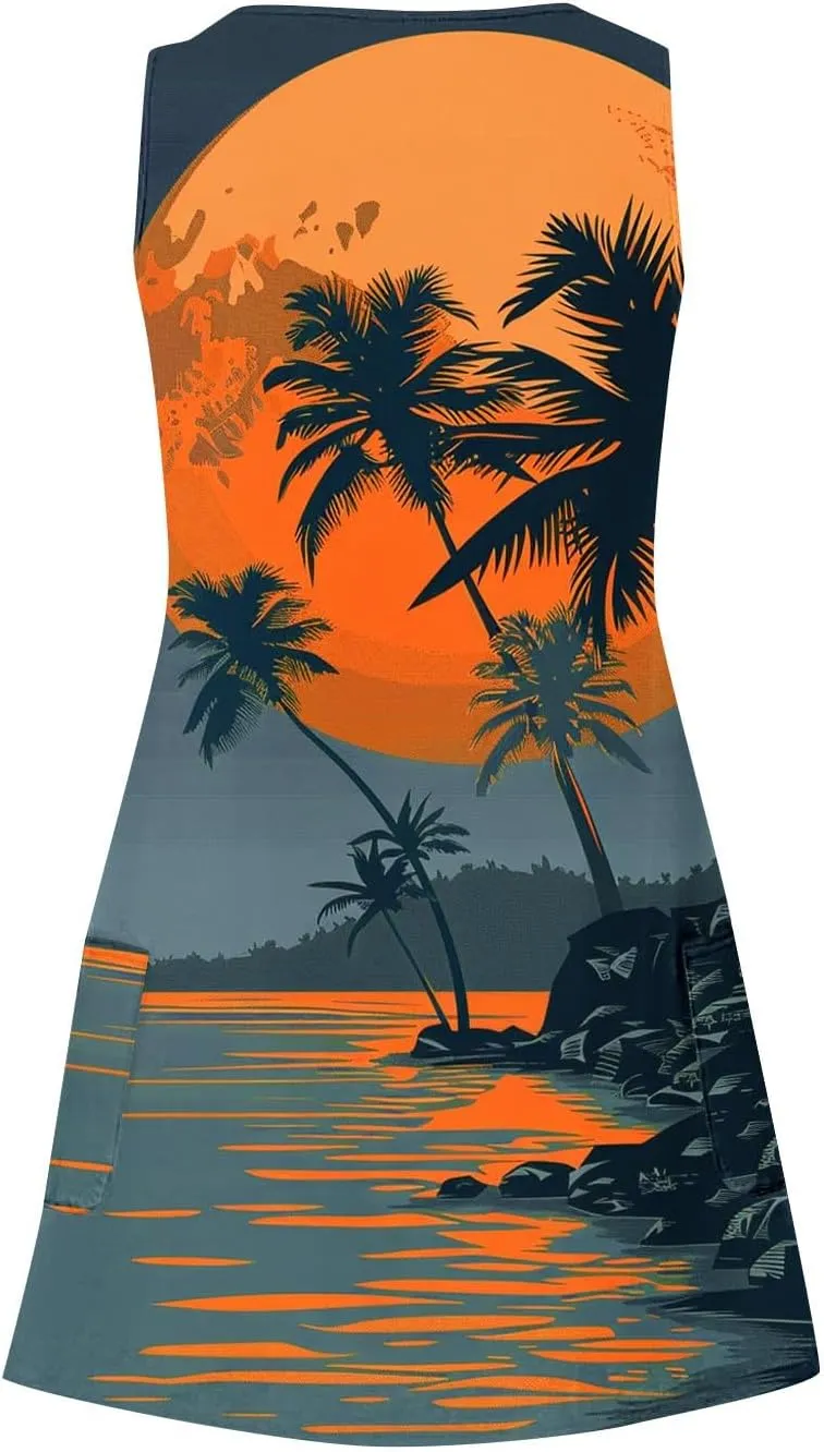 Women's Hawaiian Print Tank Dresses Summer Sleeveless Boho Beach Dress Casual V Neck Loose Fit Mini Sundress