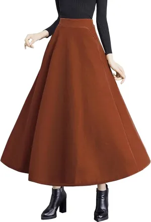 Women's High Elastic Waist Maxi Wool Skirt A-line Plaid Winter Warm Flare Long Skirt