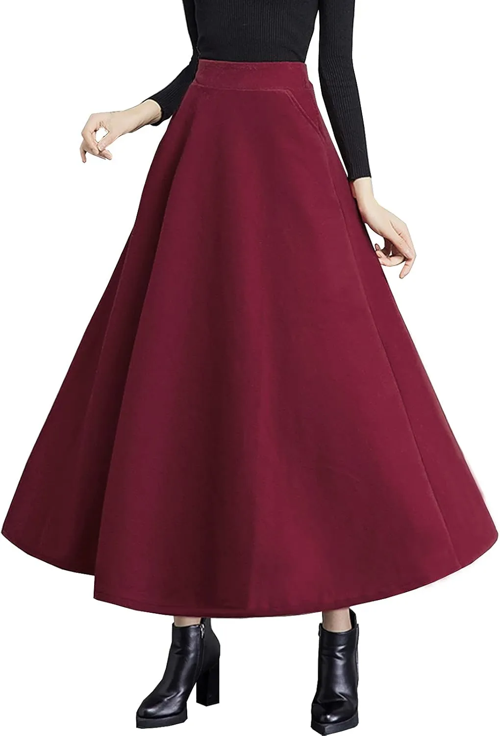 Women's High Elastic Waist Maxi Wool Skirt A-line Plaid Winter Warm Flare Long Skirt