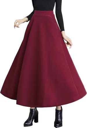 Women's High Elastic Waist Maxi Wool Skirt A-line Plaid Winter Warm Flare Long Skirt
